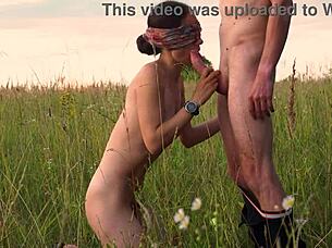 sexy fit brunette sucks cock outdoors and swallows cum in mouth