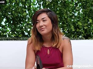 Asian 18 year old fucks first BBC. She rides it with ball licking and creampie in missionary on sofa.