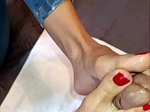 sexy girl delivers footjob with pierced nipples leading to close up creampie