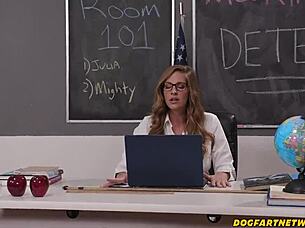 Hot teacher gets spitroasted by horny interracial couple in wild threesome