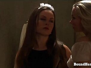 detailed after-bath inspection scene featuring bound slave and european dominating mistress in bondage
