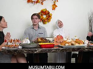 during thanksgiving dinner, the girlfriend in hijab gives a pov blowjob and gets fucked