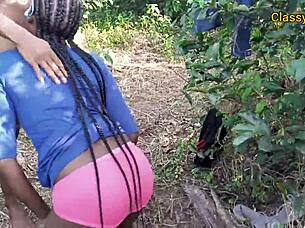 hey, that village slay queen got fucked hard in the bush by a black amateur with big tits and ass