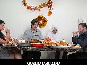 during thanksgiving dinner, the girlfriend in hijab gives a pov blowjob and gets fucked