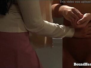 detailed after-bath inspection scene featuring bound slave and european dominating mistress in bondage