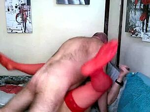 fucking a mature bitch in red stockings and my cum coming out of a wet mature insatiable cunt