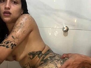 Hey, wanna see this tattooed morena with huge ass get fucked hard in bathroom until cum on her face?