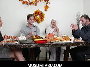 during thanksgiving dinner, the girlfriend in hijab gives a pov blowjob and gets fucked