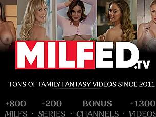 the curvy milf surprises the young guy in sexy lingerie on the bed for cowgirl riding