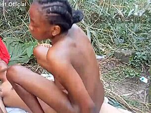 Fucking Baba White in the Bush with Hairy Ebony Doggystyle Action