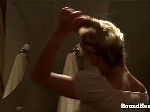 detailed after-bath inspection scene featuring bound slave and european dominating mistress in bondage