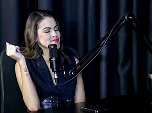 Watch this safada show off her blowjob skills and suck Bia Hot's tits in sheer red lingerie!