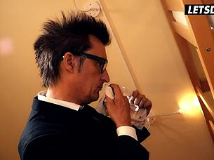 Busty babe Barbara Bieber hints at seductive hotel encounter with horny business man.