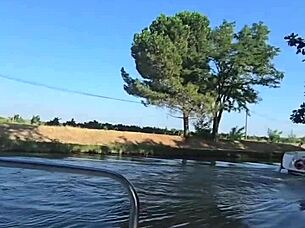 Skinny European couple bangs doggystyle on boat amid nature with deepthroat blowjob
