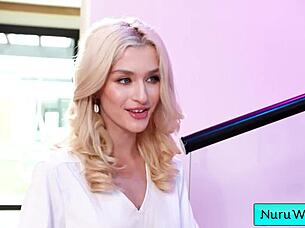 Wow, busty skinny blonde masseuse pours nuru gel on her naked body and rubs on client Ryan McLane Emma Rosie 😍