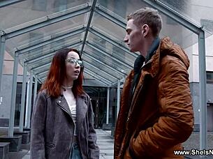 Skinny teen 18+ Lottie Magne POLISHES FAT COCK with glasses on outdoors.