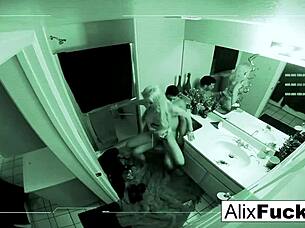 Alix takes intense hardcore blowjob and tight pussy fucking with cumshot in bathroom