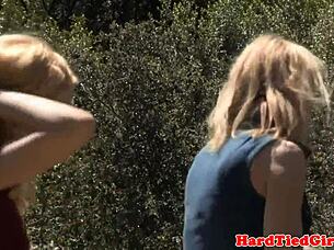 Blonde submissive gets tied up in bondage and roughly pussyfucked by dominant partner in intense BDSM session