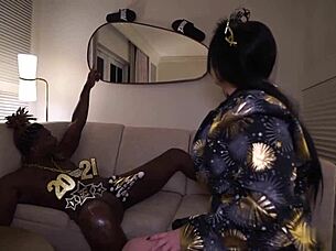 Pawg bombshell with big tits and ass takes deepthroat action from a massive black cock in intense interracial fun.