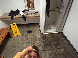 Oh man, I got caught masturbating in the public shower while giving a blowjob!