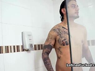 Intriguing shower fuck with sexy latina getting deepthroat choked by monster cock