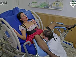 Barmaid Rose Kink experiences intense treatment as doctor licks fingers and fucks her wet pussy to orgasm.