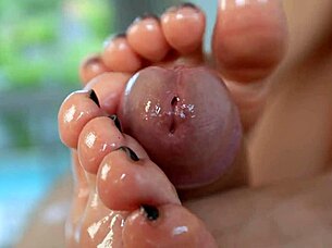 Close Up Oily Footjob from Teen with Big Natural Tits Leading to Deep Pussy Fucking in Massage Parlor