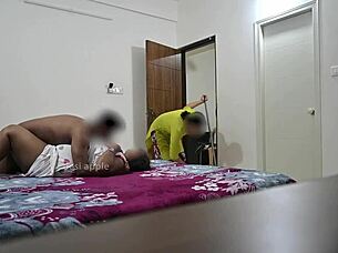 Blowjob And Hardcore Fucking With Horny Wife In Intense Threesome While Maid Cleans The Room Nearby