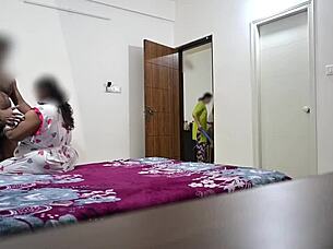 Blowjob And Hardcore Fucking With Horny Wife In Intense Threesome While Maid Cleans The Room Nearby