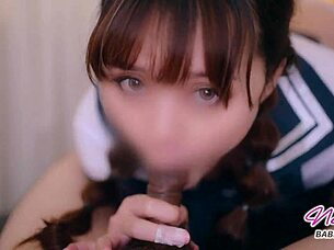 Oh wow, watch this cute schoolgirl with tongue piercing suck and lick cock until massive cumshot!