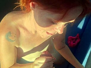 Oh man, let's fuck this hot redhead bareback in the pool until you cum inside!