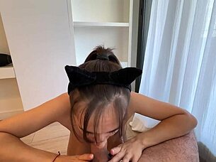 sexy kitty teases and deepthroats her owner's monster cock until swallowing his huge load