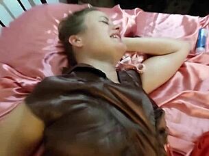 french amateur in red satin dress and lingerie gets deepthroat blowjob rimjob and doggystyle pussy fucking pov closeup