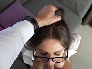 Intense doggystyle close-up POV blowjob and cumshot in mouth with hot bespectacled secretary