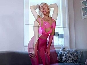 I feel so horny as sexy blonde in pink pantyhose gets face and pussy fucked hard with cum on ass