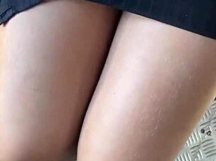 Teen flashes skirt without panties in public street and bus