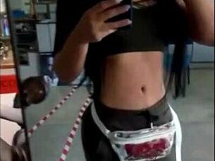 Argie tgirl shemale hints at wanking and cumshot fun in mirror selfie videos