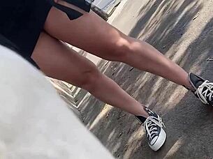 Teen flashes skirt without panties in public street and bus