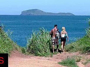 Blonde slut bent over seaside for double penetration cock monster and swollen pussy licking threesome!