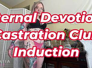 blonde femdom punishes devotee in castration club induction pov