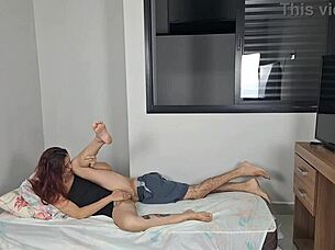 Motoboy spies on open-window couple fucking wildly in bedroom!