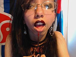 young goth teases huge puffy nipples with red lipstick