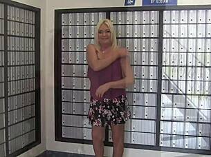 Blonde housewife strips naked flashing wet pussy outdoors