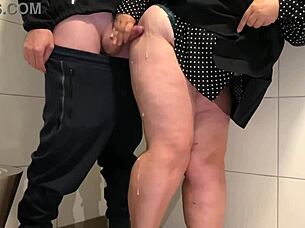 juicy milf strokes cock public toilet