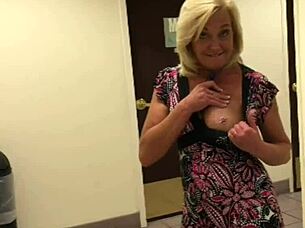 Blonde housewife strips naked flashing wet pussy outdoors