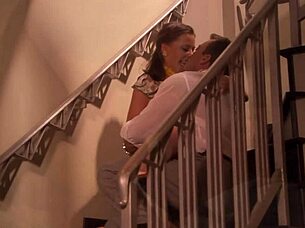 Husband demolishes horny brunette's soaked pussy stairs