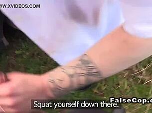 tattooed babe risks public fuck in police car backseat