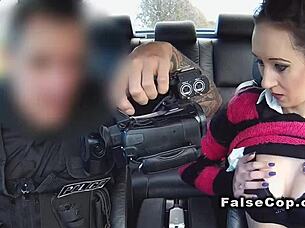 tattooed babe risks public fuck in police car backseat