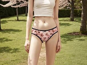 lingerie models pose barefoot under cherry blossoms
