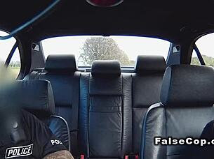 tattooed babe risks public fuck in police car backseat